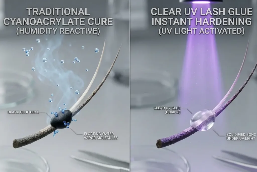 comparer l'ancienne méthode (dépendant d'une humidité imprévisible) à la nouvelle méthode (photopolymérisation instantanée)