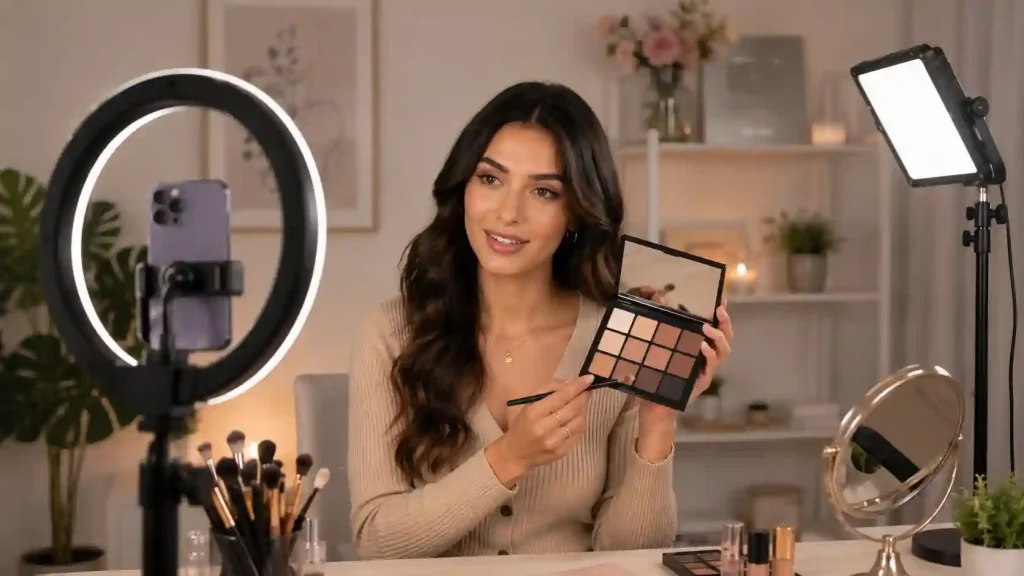 Beauty creator filming makeup tutorial with ring light
