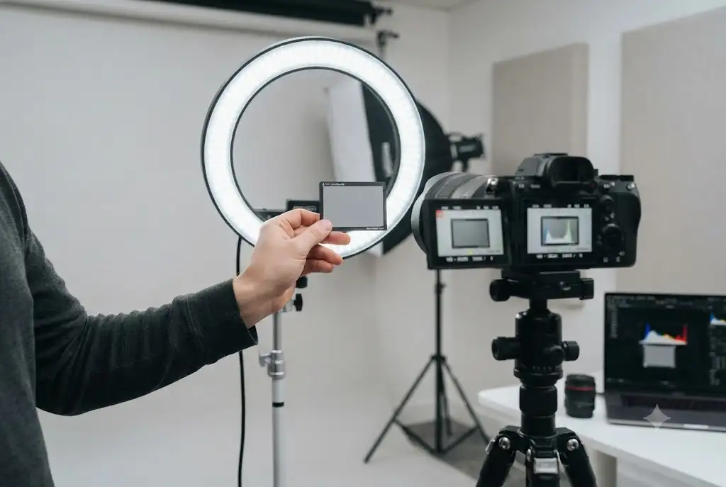 Hand holding white reference card in front of ring light setup