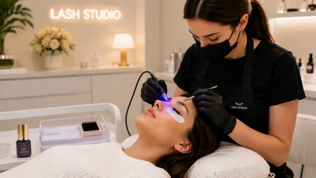 Modern lash studio with UV curing lamp in use