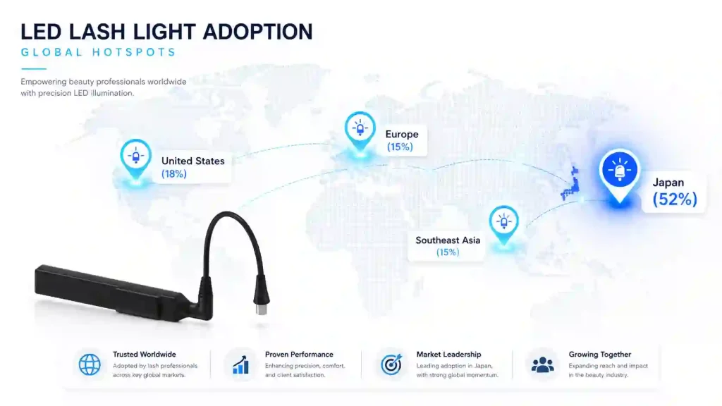 World map highlighting adoption hotspots of lash lamp