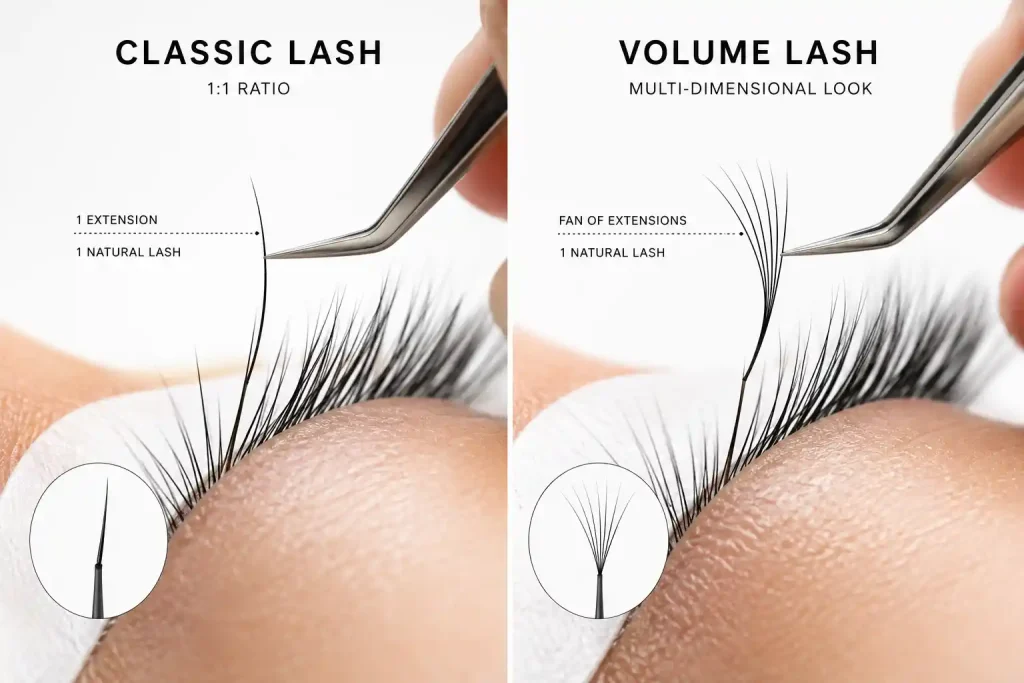 Classic 1 to 1 vs volume fan lash extension technique
