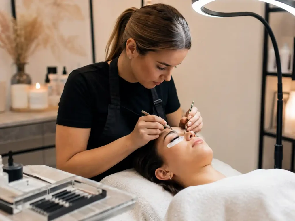 Lash technician applying extensions with professional lamp