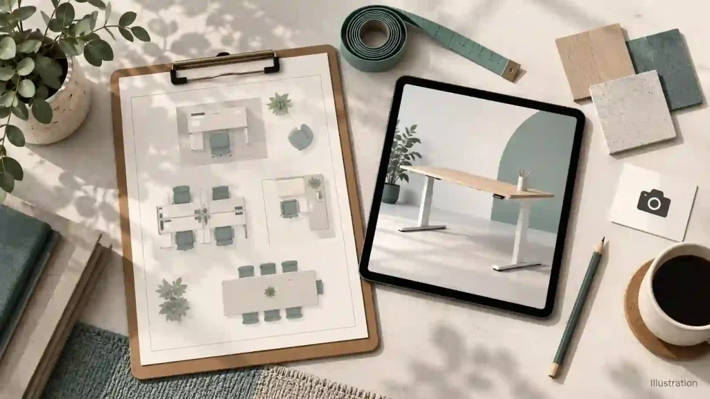 generated planning illustration. Use actual workstation measurements and photos for an enquiry.